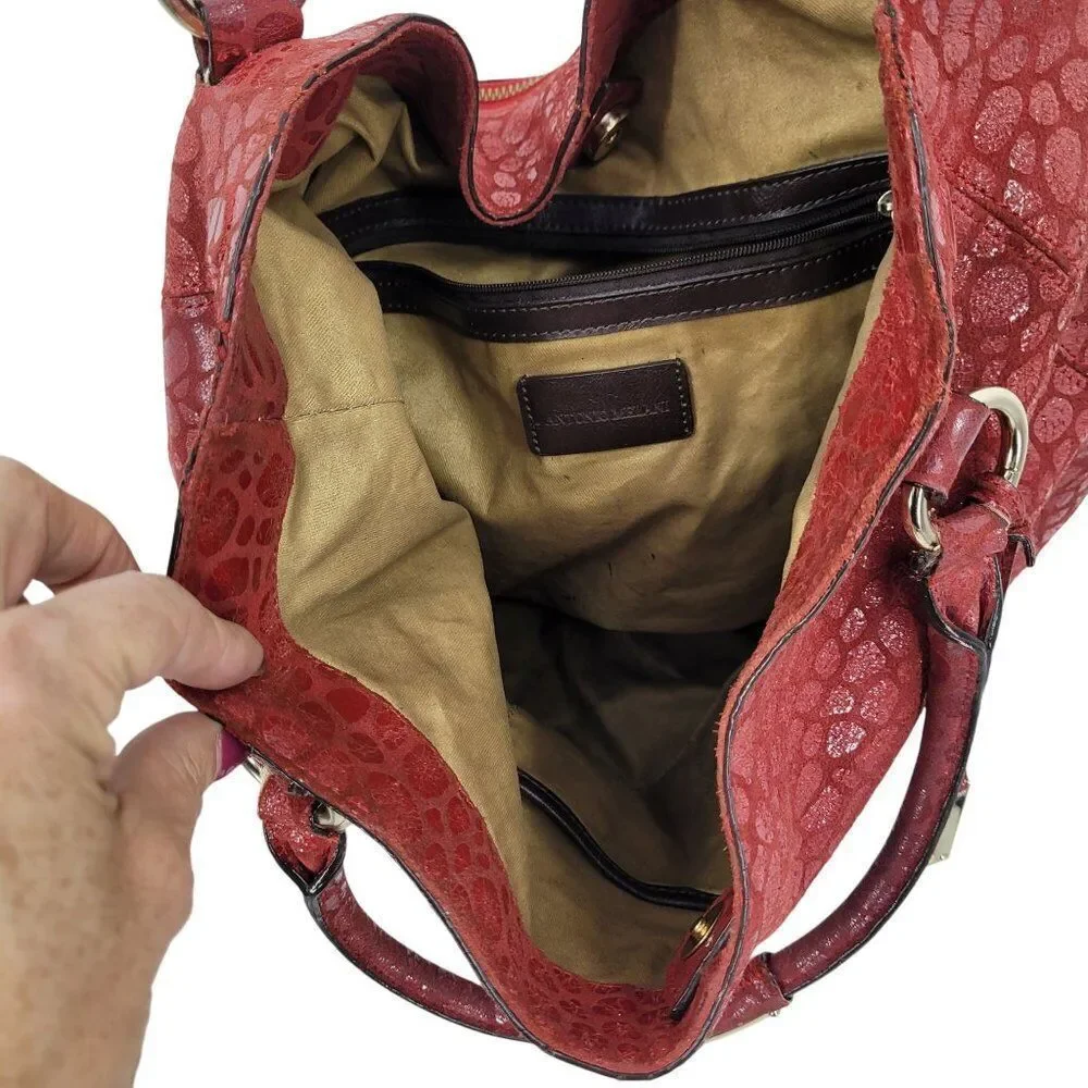 Antonio Melani Red Pebble Textured Leather Hobo Satchel Shoulder Bag Gold Accent